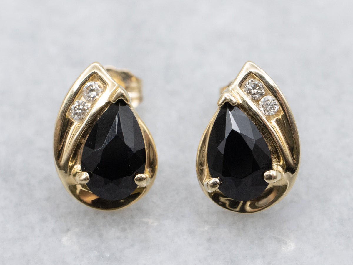 Teardrop Onyx and Diamond Gold Stud Earrings