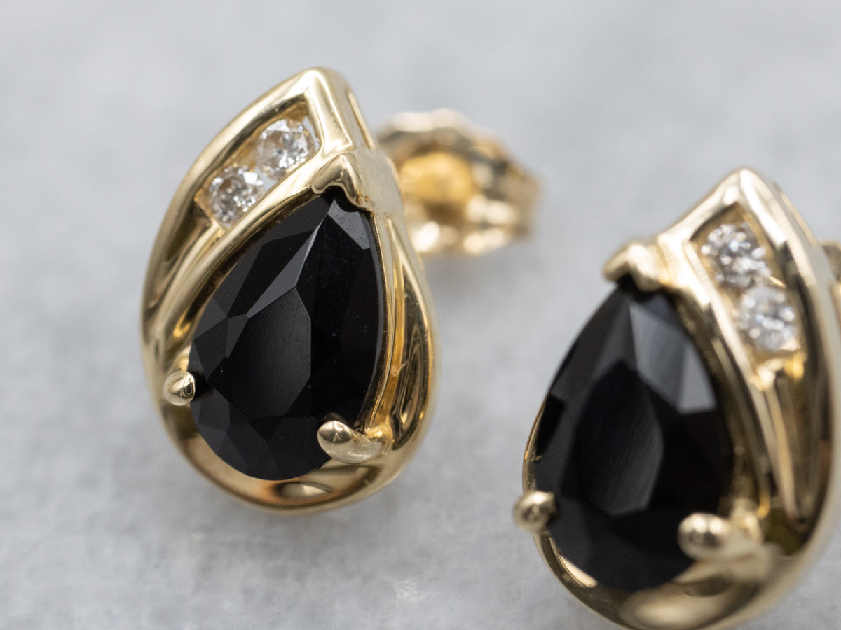 Teardrop Onyx and Diamond Gold Stud Earrings
