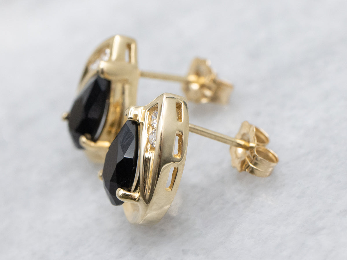 Teardrop Onyx and Diamond Gold Stud Earrings