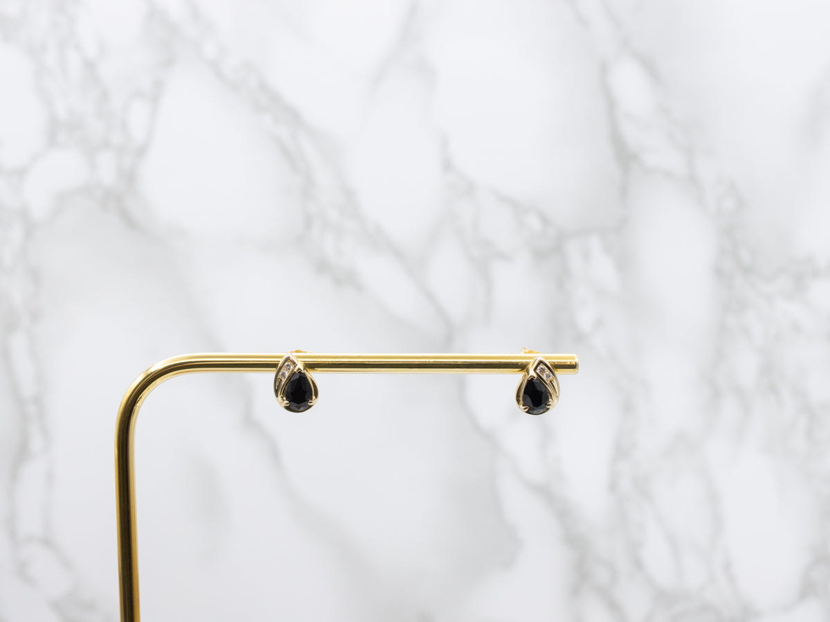 Teardrop Onyx and Diamond Gold Stud Earrings