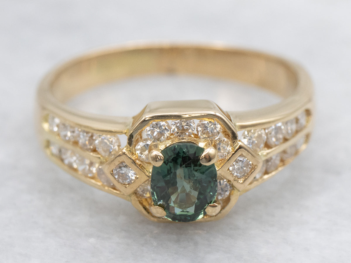 Natural Green Sapphire and Diamond Halo Ring in 18K Yellow Gold