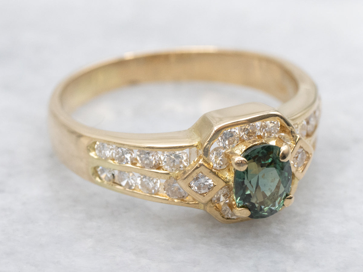 Natural Green Sapphire and Diamond Halo Ring in 18K Yellow Gold