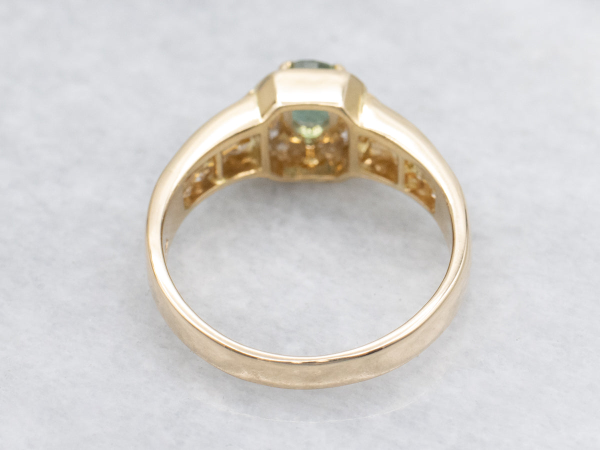 Natural Green Sapphire and Diamond Halo Ring in 18K Yellow Gold