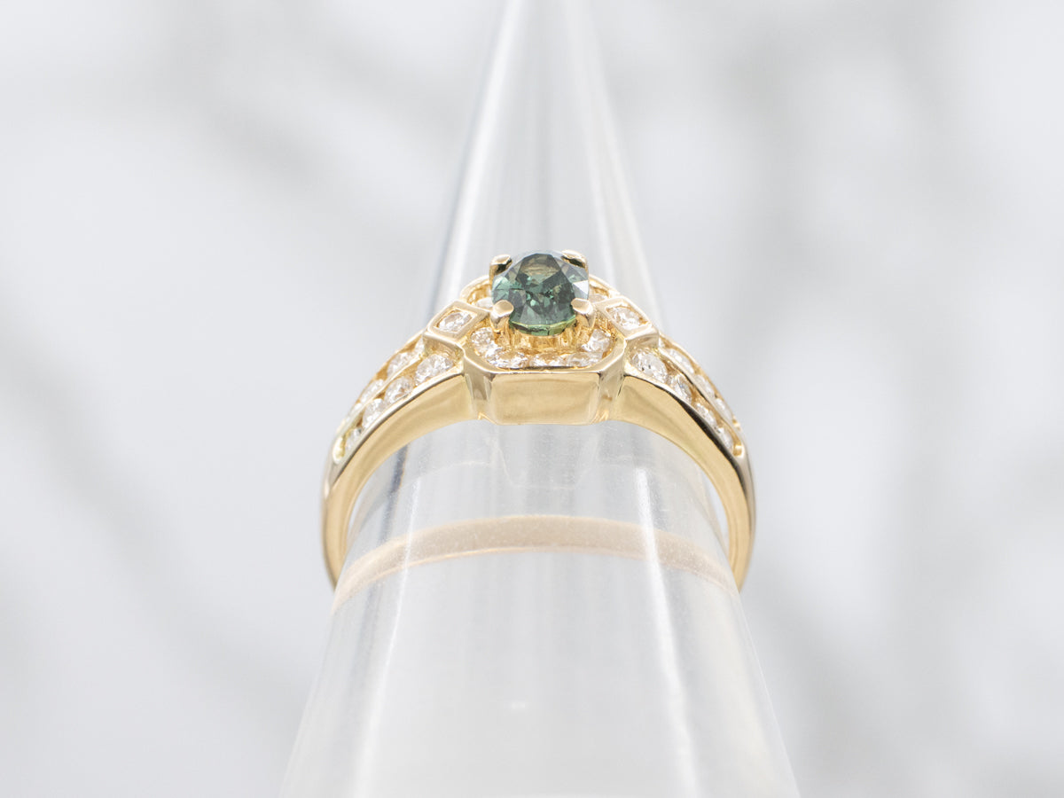 Natural Green Sapphire and Diamond Halo Ring in 18K Yellow Gold