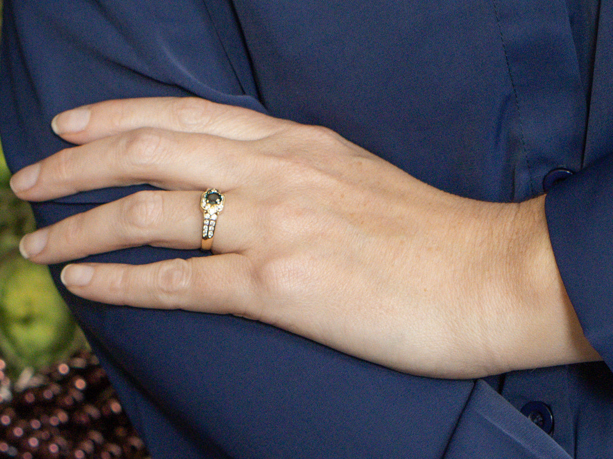 Natural Green Sapphire and Diamond Halo Ring in 18K Yellow Gold