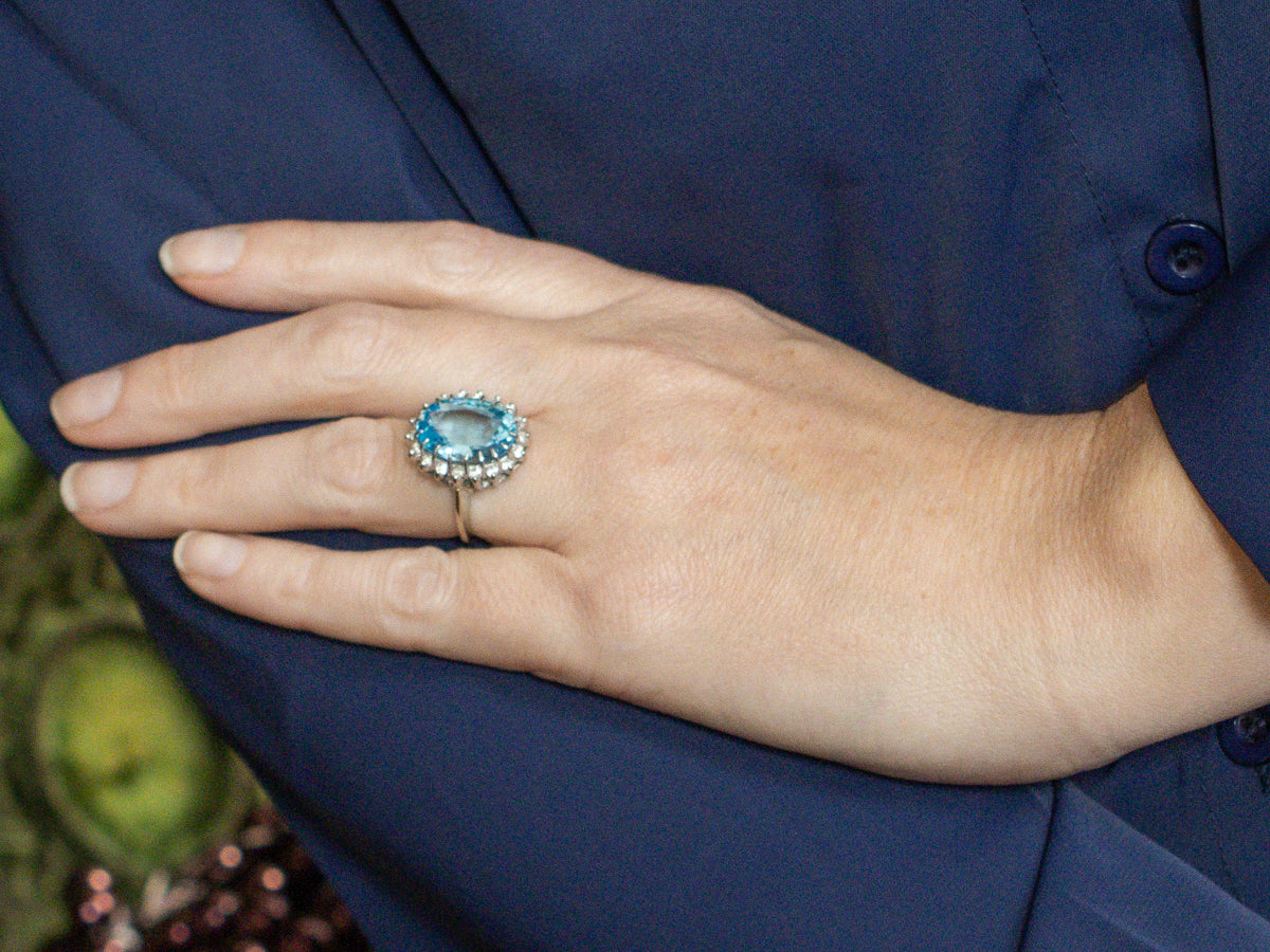 White Gold Blue Topaz and Diamond Halo Cocktail Ring