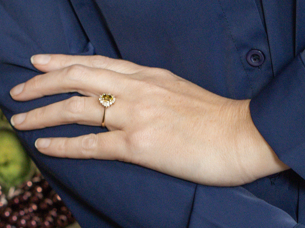 Pretty Mali Garnet Diamond and Gold Halo Ring