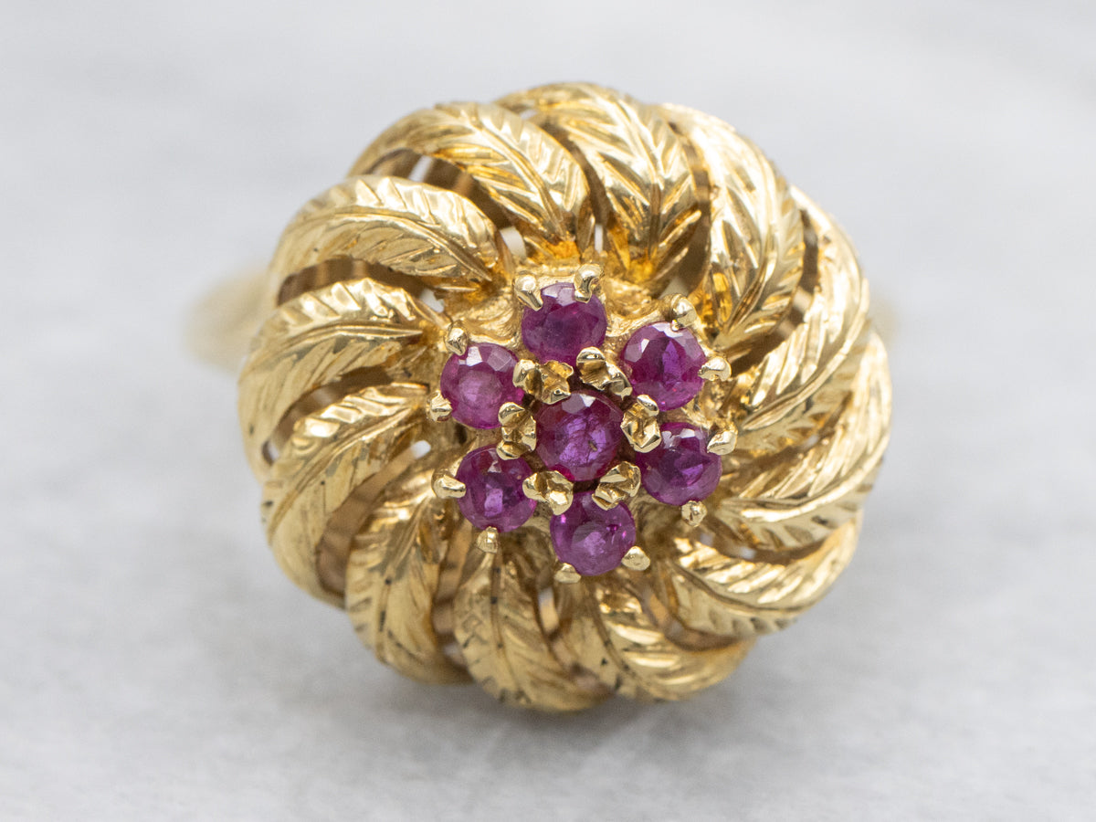 Ruby Cluster Feathered Pinwheel Gold Cocktail Ring