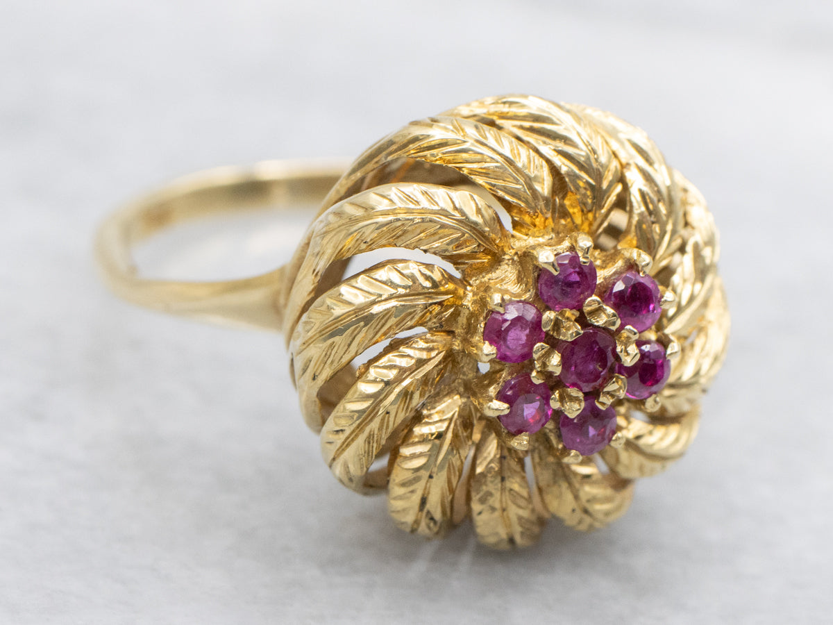 Ruby Cluster Feathered Pinwheel Gold Cocktail Ring