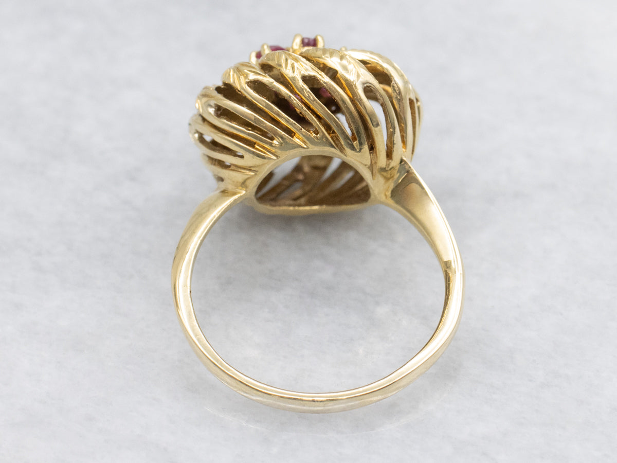 Ruby Cluster Feathered Pinwheel Gold Cocktail Ring