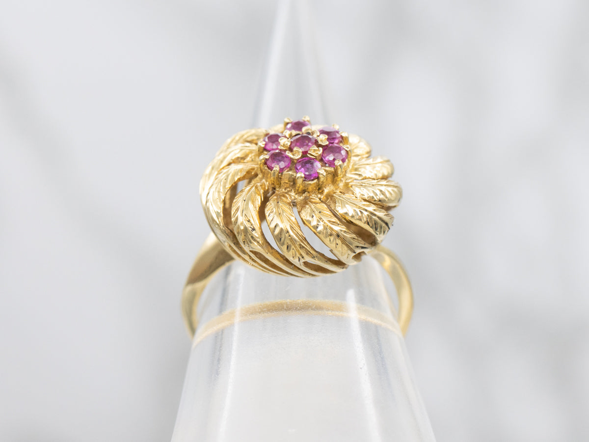 Ruby Cluster Feathered Pinwheel Gold Cocktail Ring