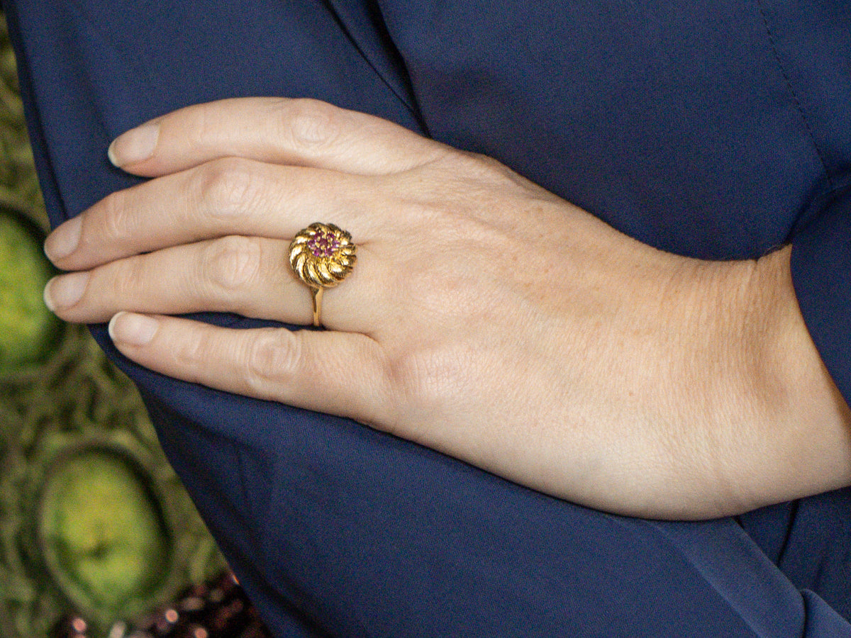 Ruby Cluster Feathered Pinwheel Gold Cocktail Ring