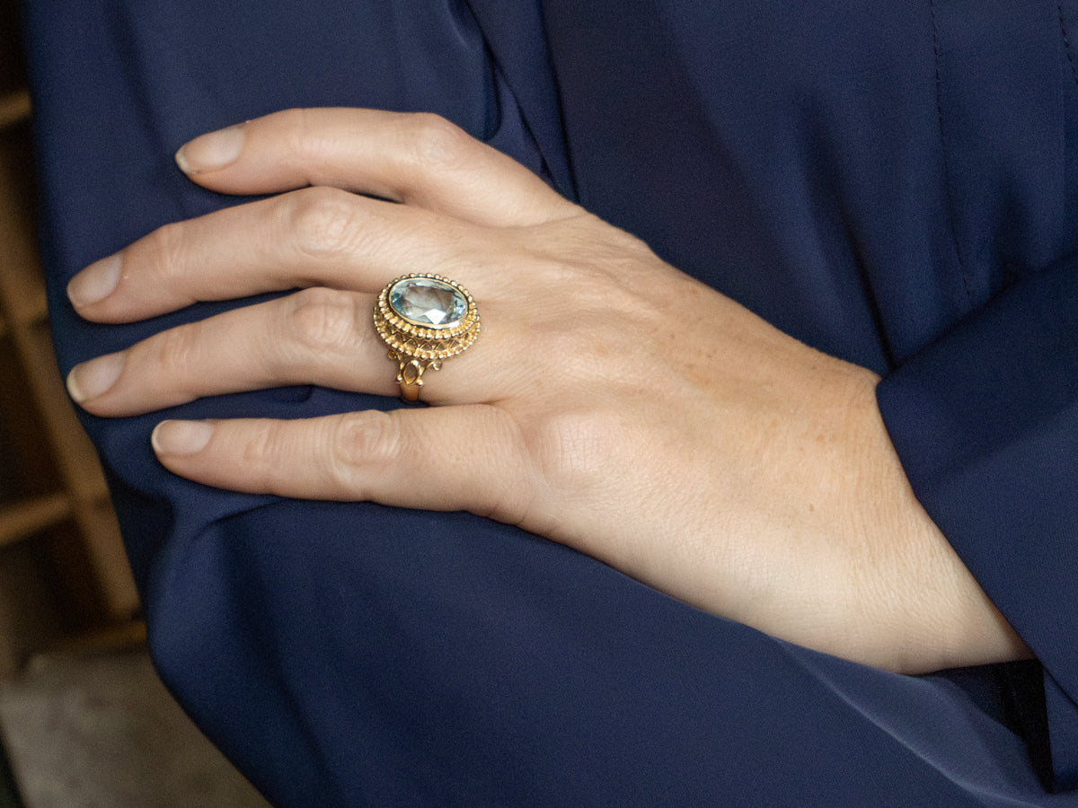 Ornate Yellow Gold Aquamarine Cocktail Ring
