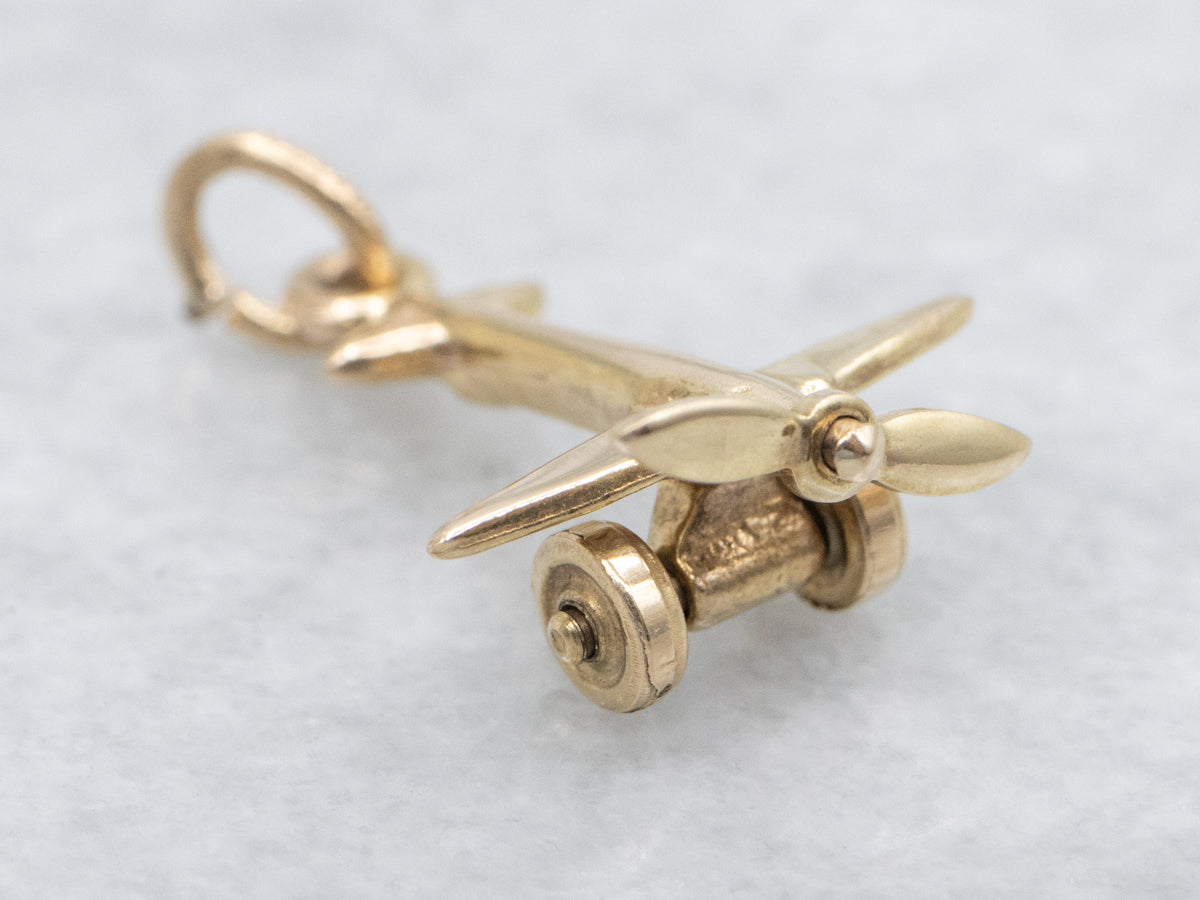 Yellow Gold Propeller Plane Charm Pendant