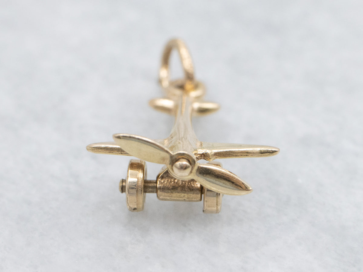 Yellow Gold Propeller Plane Charm Pendant