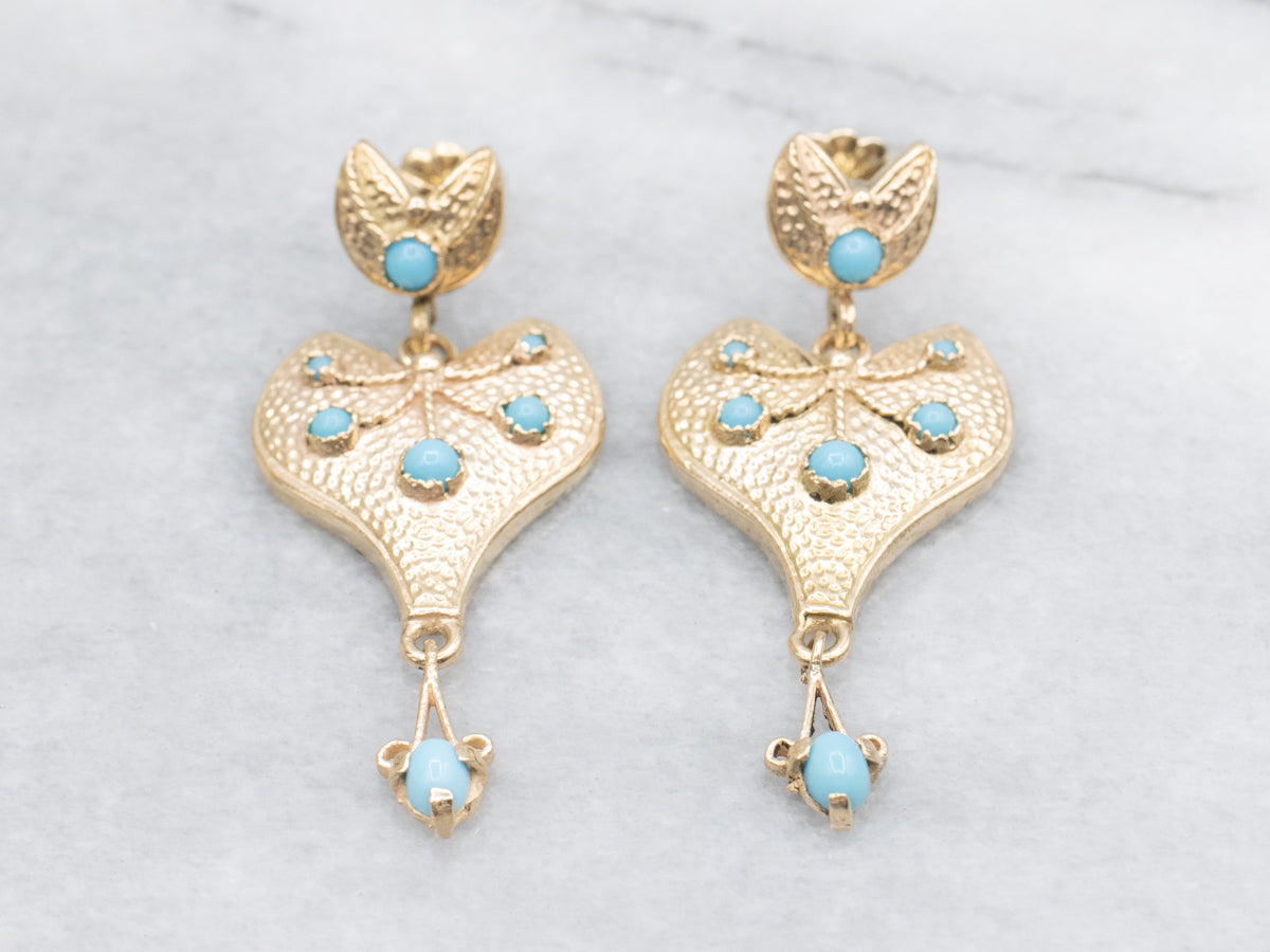 Turquoise Glass Ornate Gold Drop Earrings