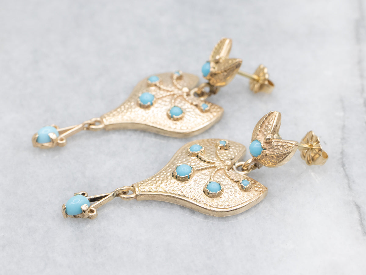 Turquoise Glass Ornate Gold Drop Earrings