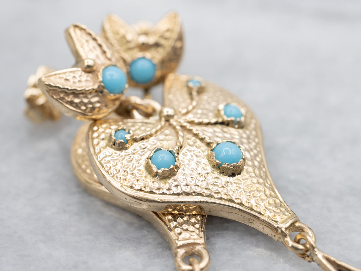 Turquoise Glass Ornate Gold Drop Earrings