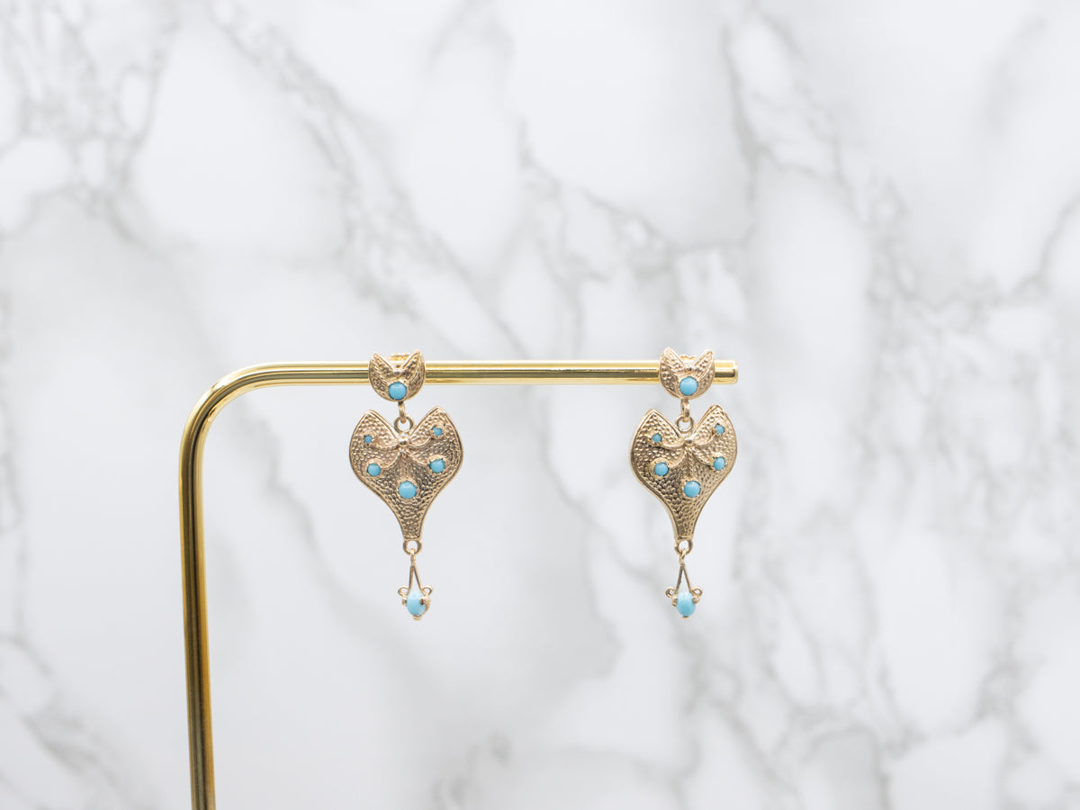 Turquoise Glass Ornate Gold Drop Earrings