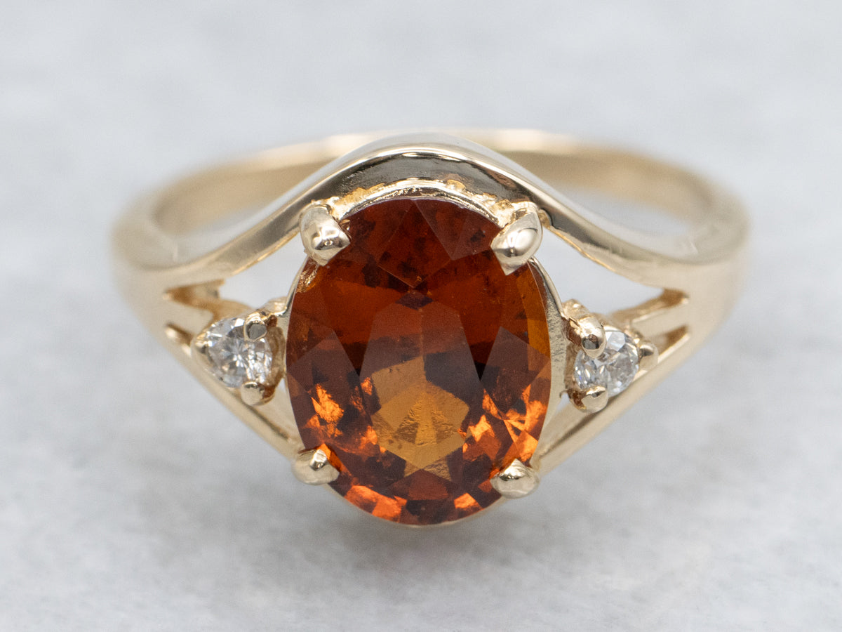 Vintage Oval-Cut Hessonite Garnet and Diamond Ring