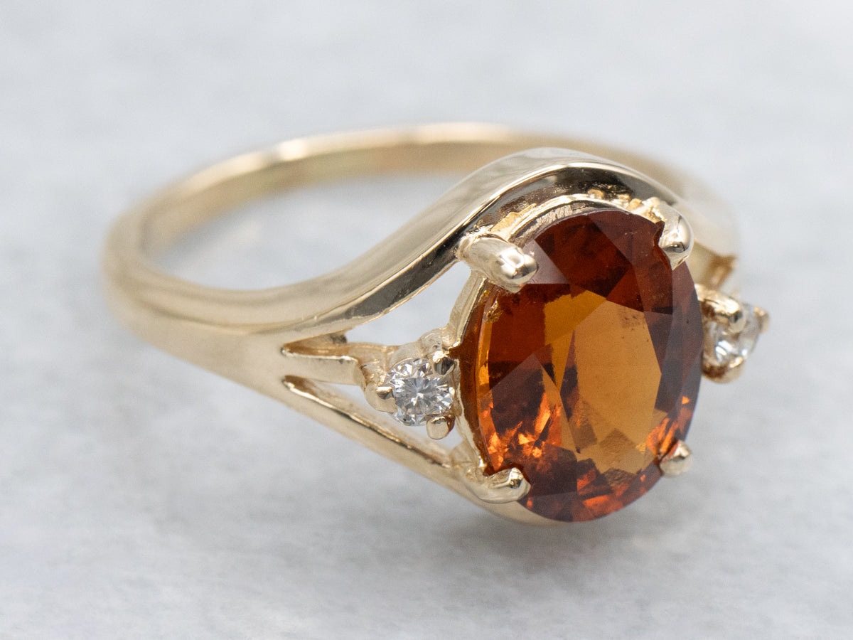 Vintage Oval-Cut Hessonite Garnet and Diamond Ring