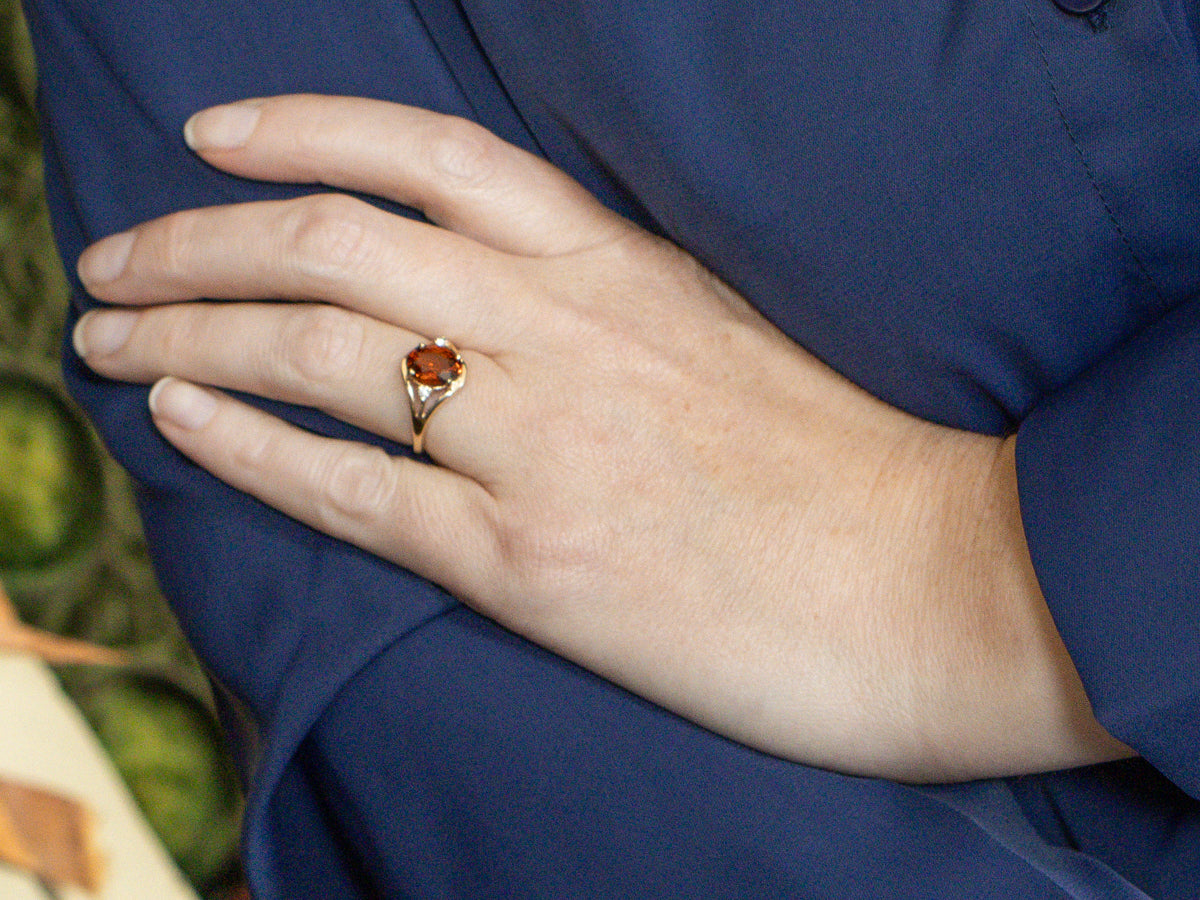 Vintage Oval-Cut Hessonite Garnet and Diamond Ring