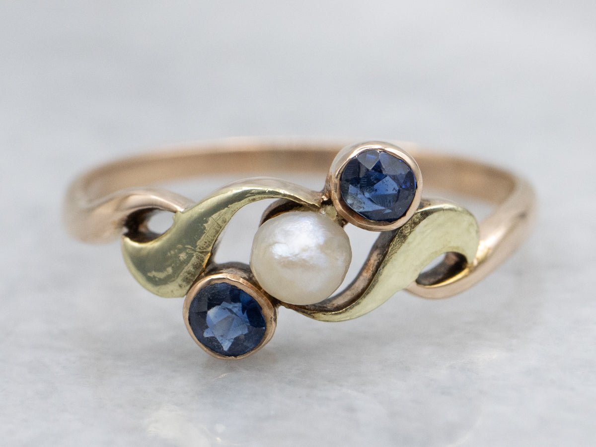Antique Natural Pearl and Sapphire Bypass Ring