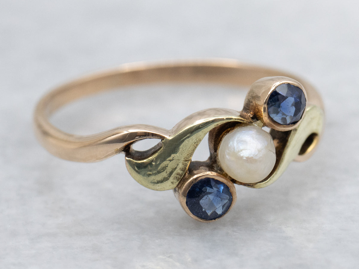 Antique Natural Pearl and Sapphire Bypass Ring