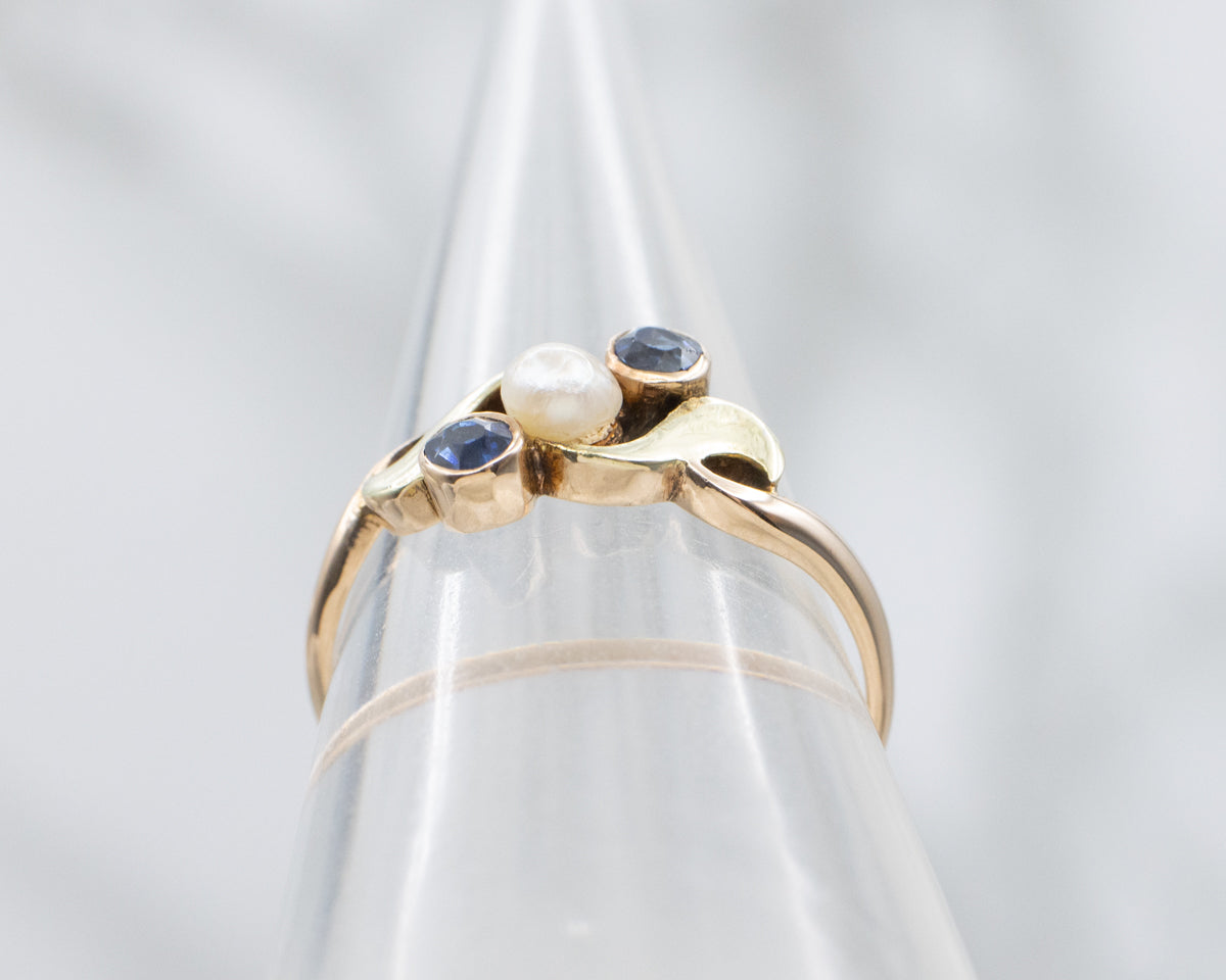 Antique Natural Pearl and Sapphire Bypass Ring