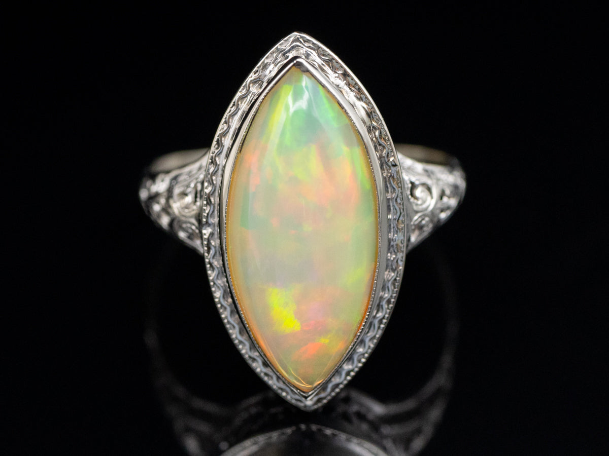 Marquise Cut Opal Filigree Art Deco Era Ring