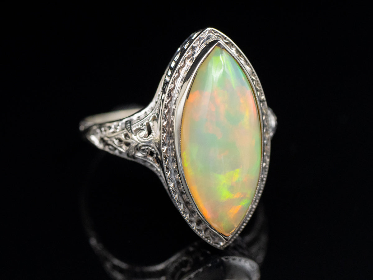 Marquise Cut Opal Filigree Art Deco Era Ring
