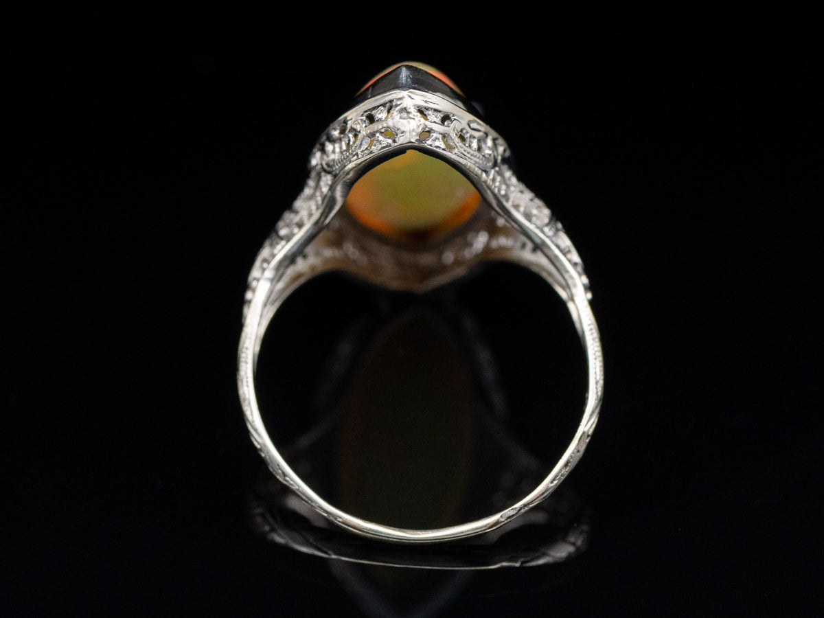 Marquise Cut Opal Filigree Art Deco Era Ring
