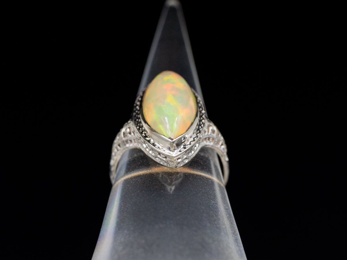 Marquise Cut Opal Filigree Art Deco Era Ring