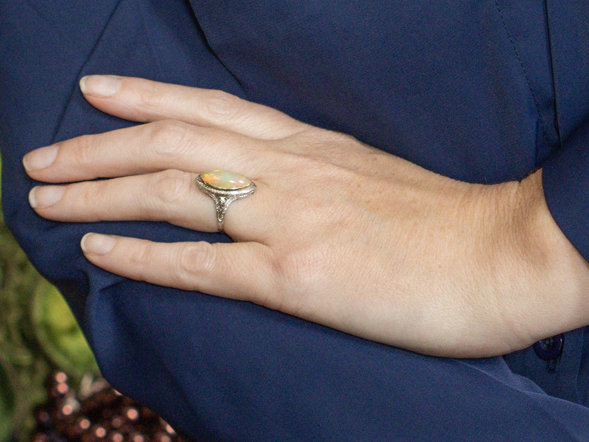 Marquise Cut Opal Filigree Art Deco Era Ring
