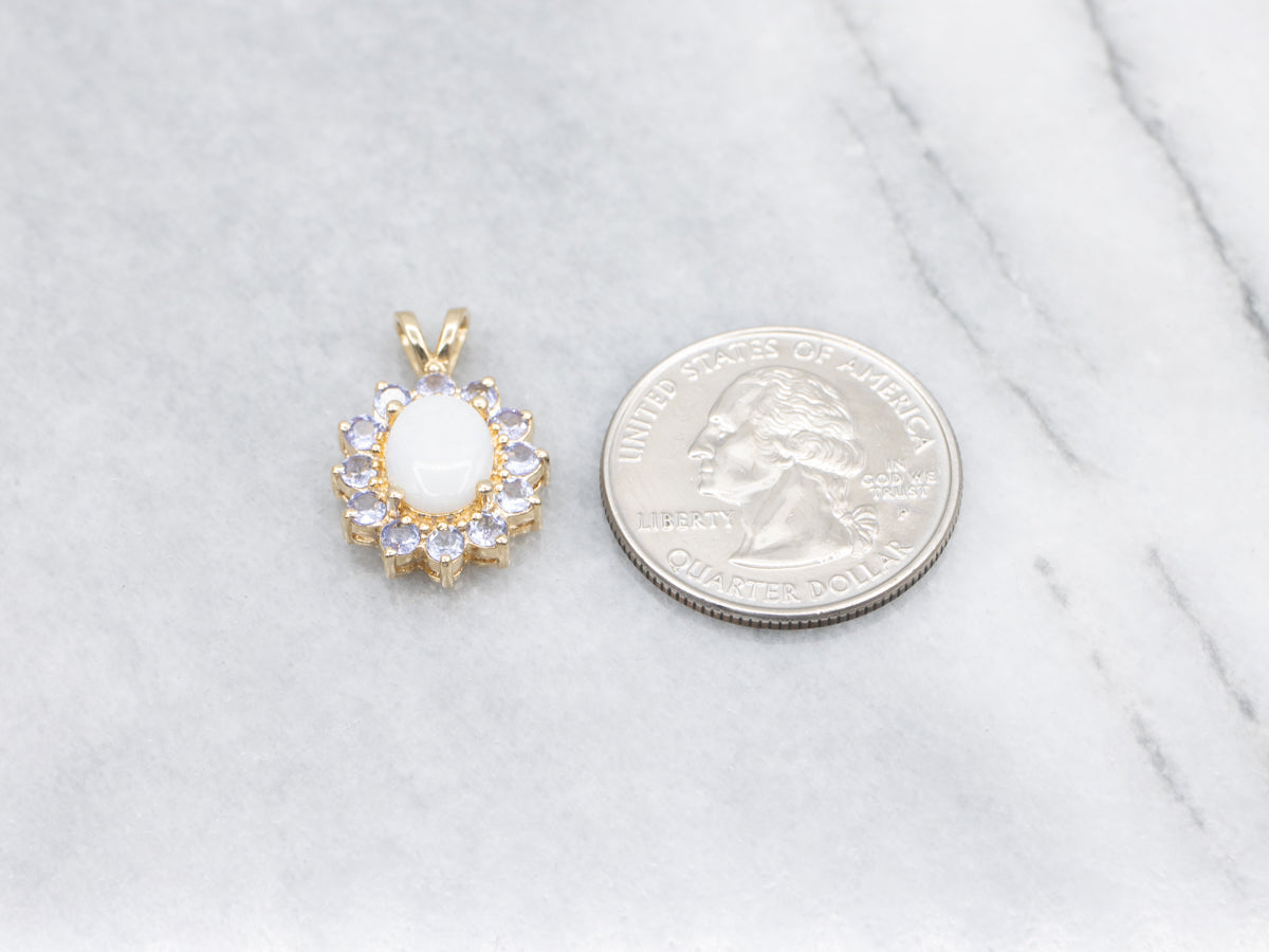 Opal and Tanzanite Gold Halo Pendant