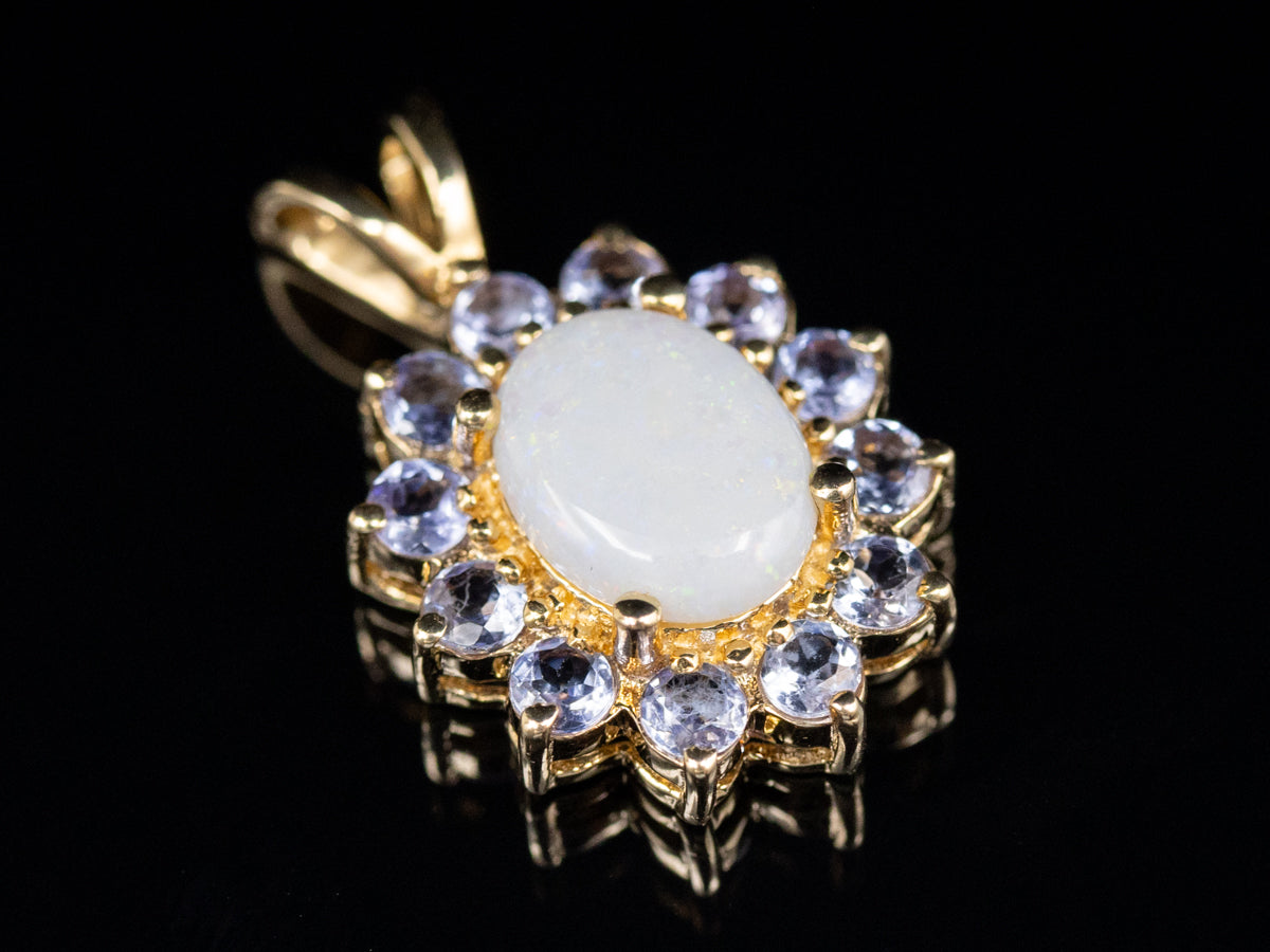 Opal and Tanzanite Gold Halo Pendant