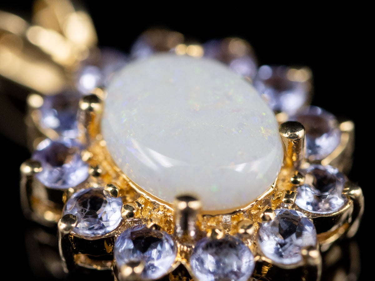 Opal and Tanzanite Gold Halo Pendant