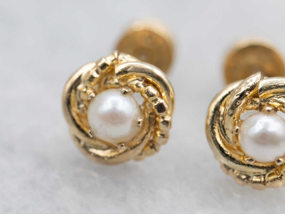 Pearl Twisted Yellow Gold Stud Earrings