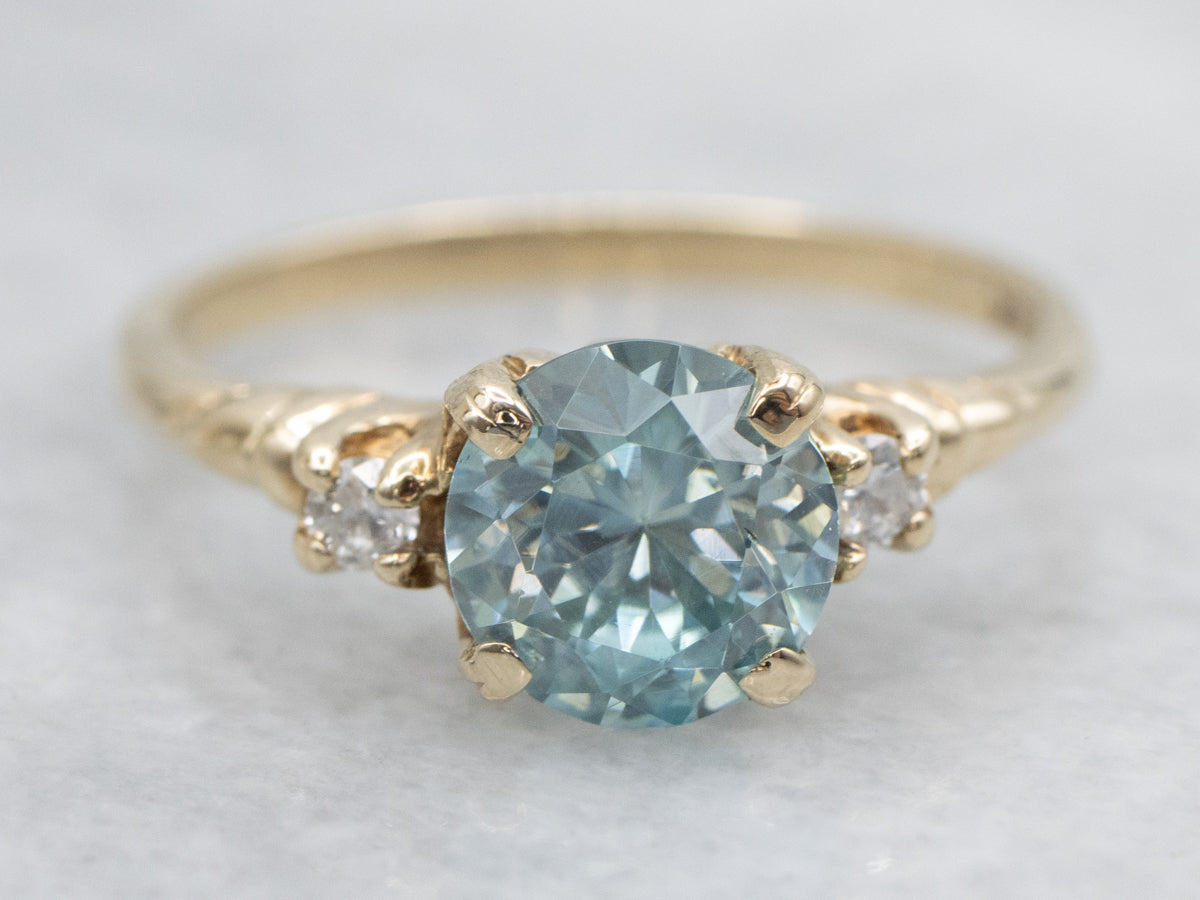 Blue Zircon and Diamond Yellow Gold Ring