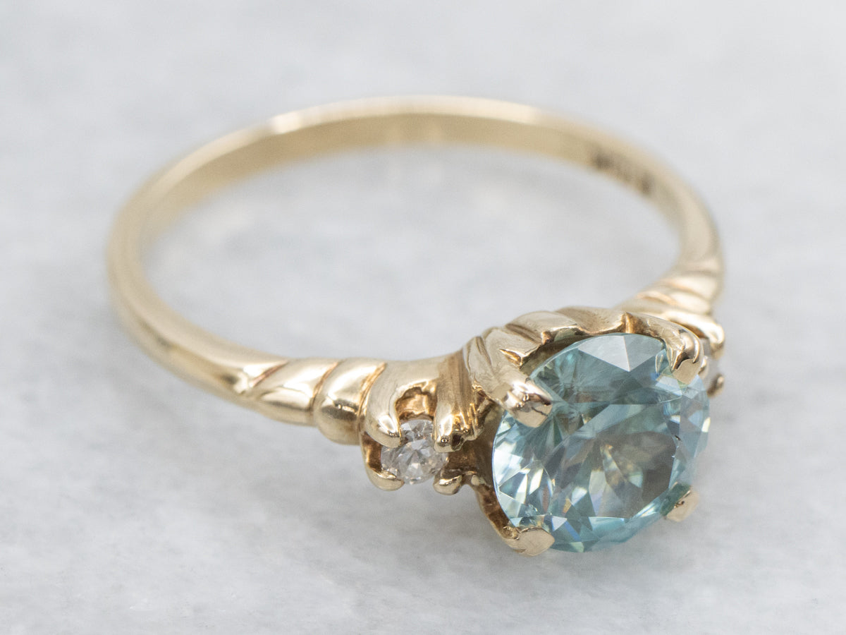 Blue Zircon and Diamond Yellow Gold Ring