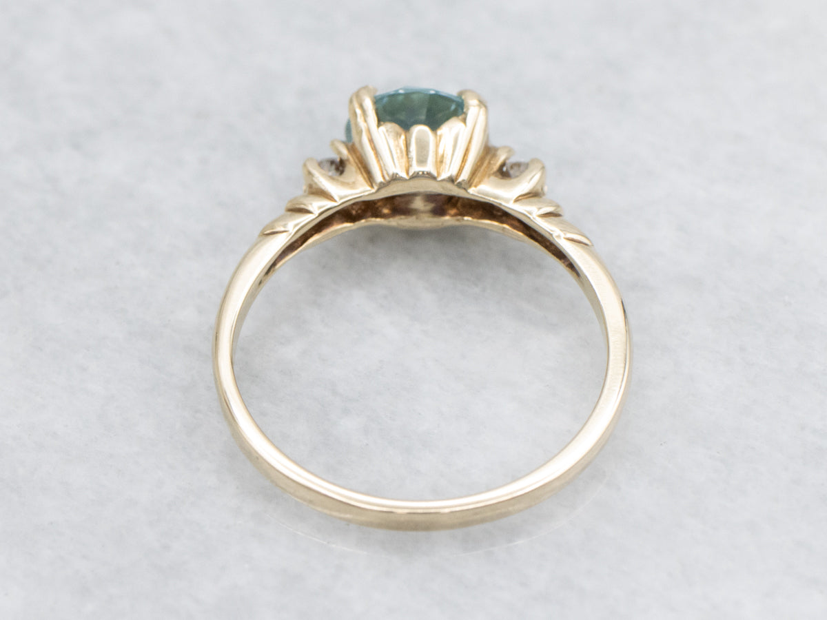 Blue Zircon and Diamond Yellow Gold Ring
