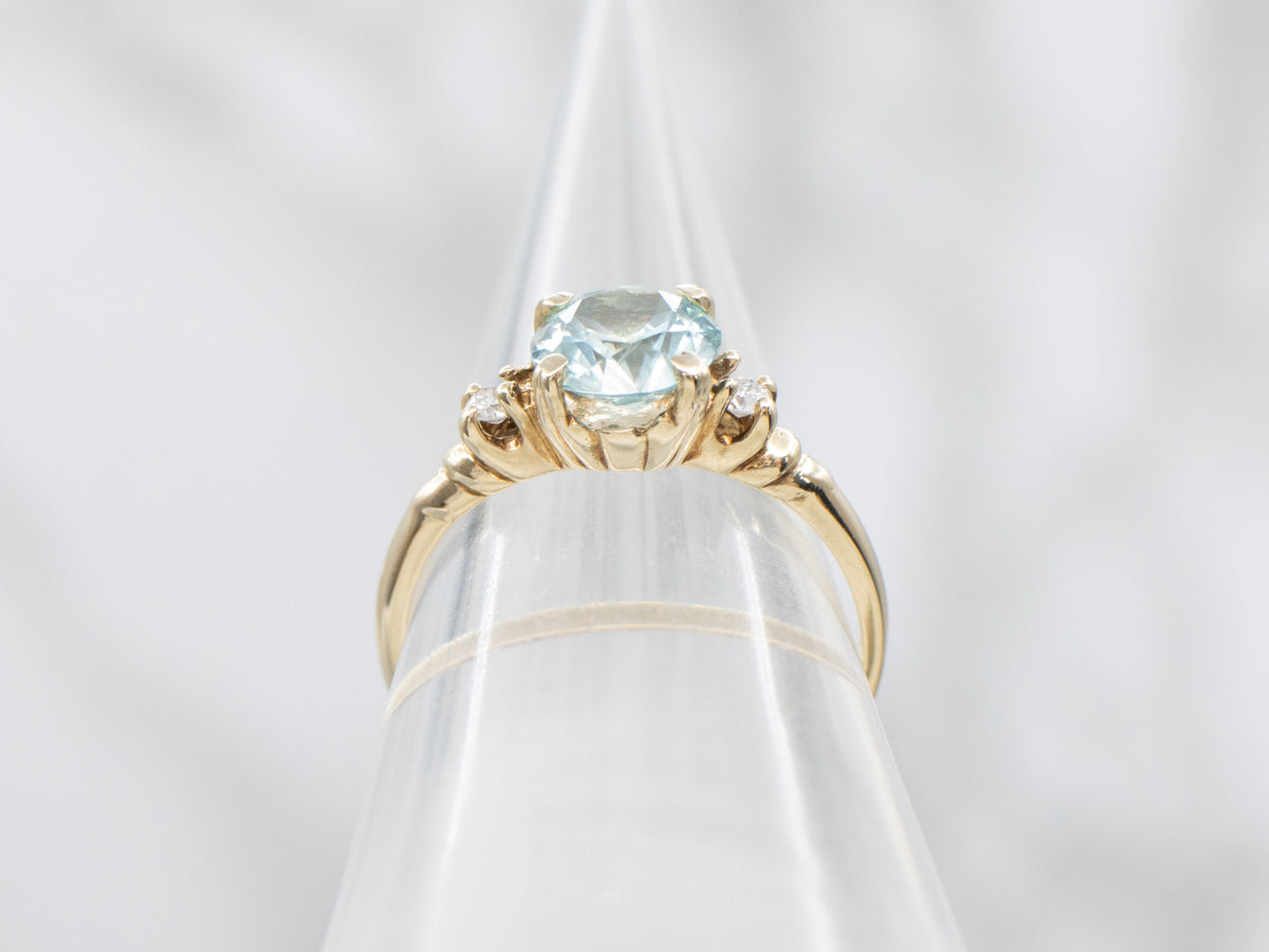 Blue Zircon and Diamond Yellow Gold Ring