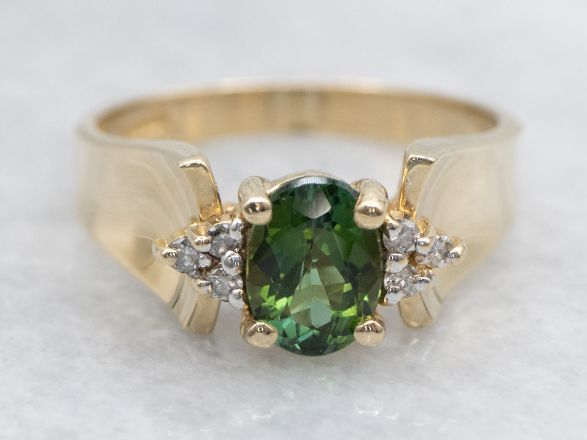 Green Tourmaline and Diamond Yellow Gold Ring