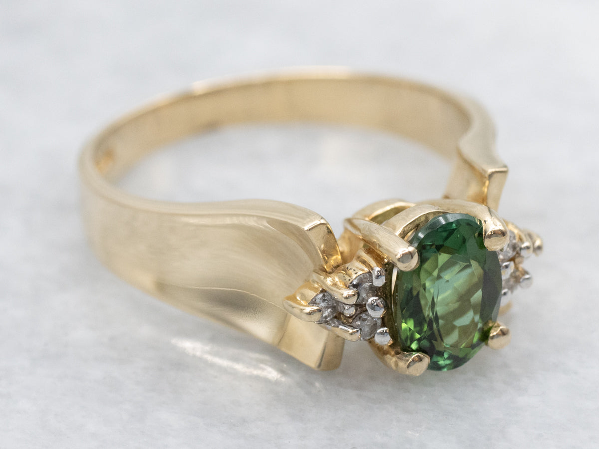 Green Tourmaline and Diamond Yellow Gold Ring