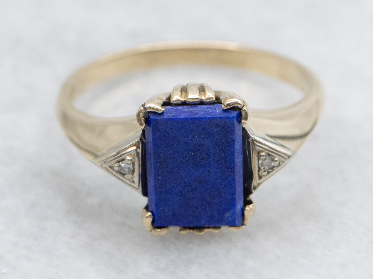 Retro Lapis and Diamond Two Tone Gold Ring