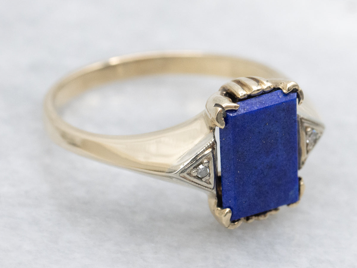 Retro Lapis and Diamond Two Tone Gold Ring