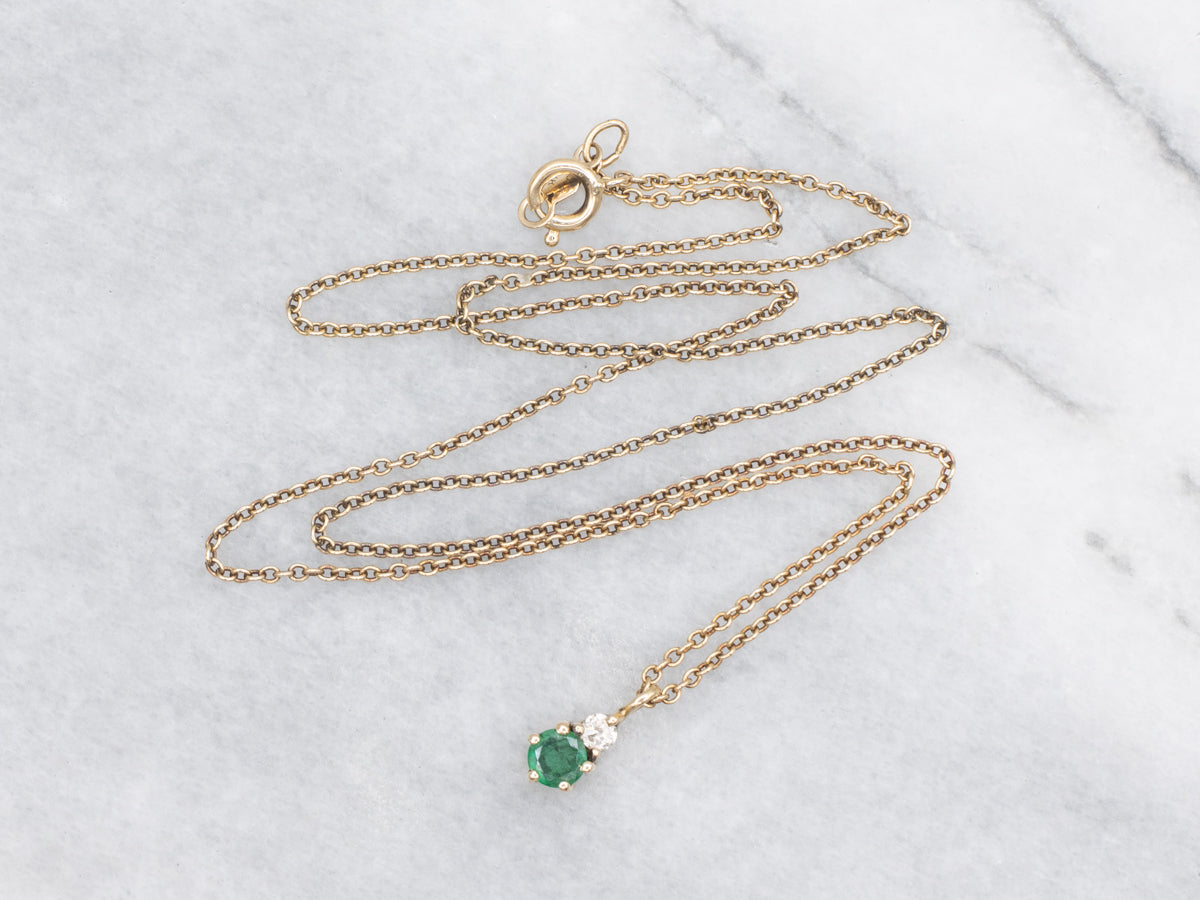 Emerald and Diamond Gemstone Pendant Rolo Necklace