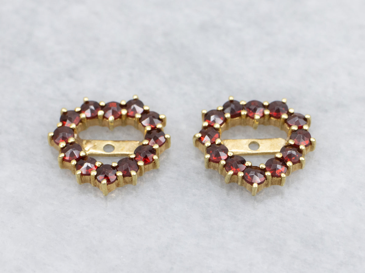 Sweetheart Shaped Garnet Glass and Gold Vintage Earring Jackets