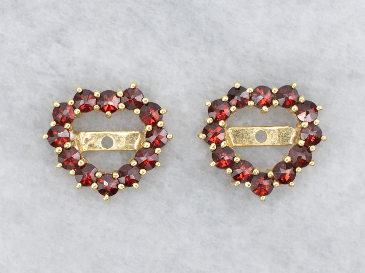Sweetheart Shaped Garnet Glass and Gold Vintage Earring Jackets