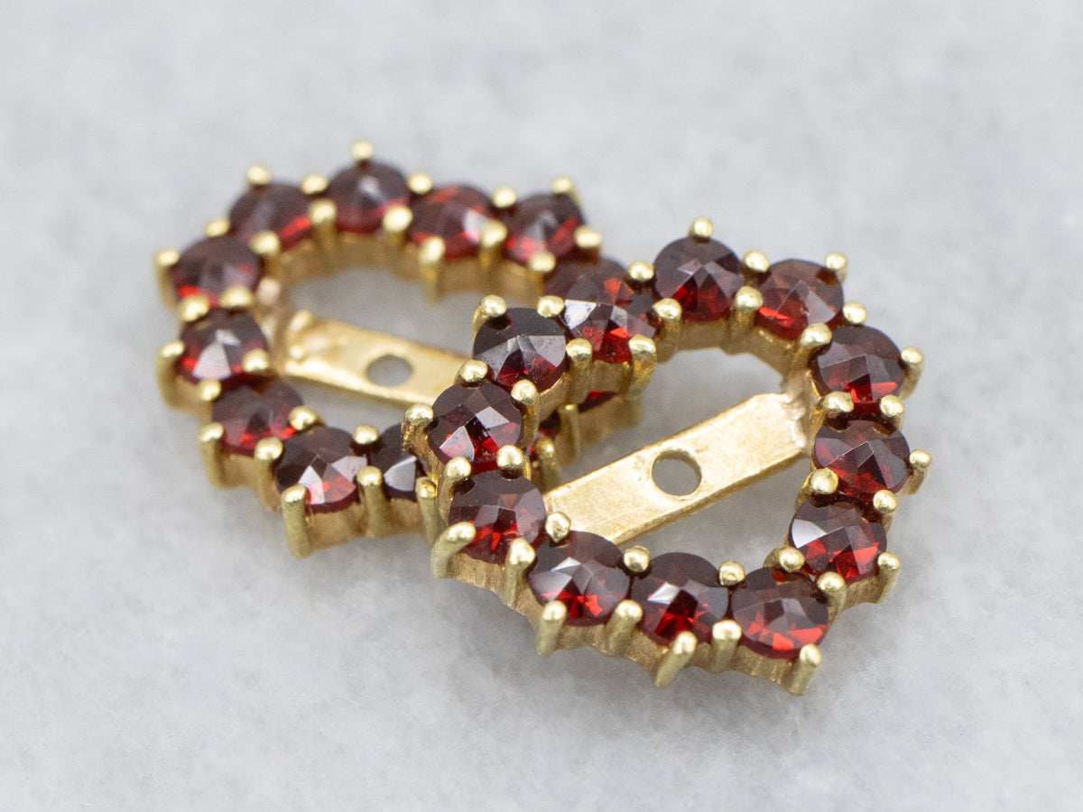 Sweetheart Shaped Garnet Glass and Gold Vintage Earring Jackets